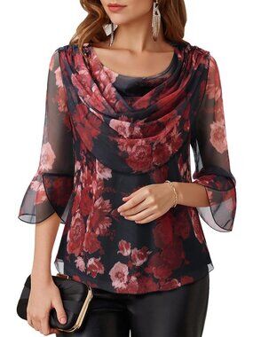 Women's Black Red Floral Cowl Neck Blouse Casual Outfit 3/4 Sleeve Sparkly Top